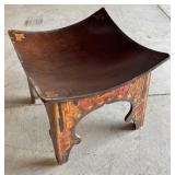 Decorted wood foot stool with leather pillow