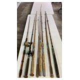 8 bamboo fishing rods, 2 w/reels