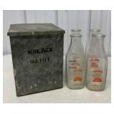Holmes Dairy milk box and four qt. bottles