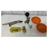bike horn, trombone kazoo, Skippy bowls, clicker,