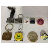 (9) John Deere Pins, Keychains, Fob, others