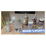 13 Assorted Budweiser Mugs, Glasses, Steins, and