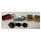 rocket bank, wheel barrow, cast iron mini pots