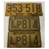 (3) PA License Plates 1924 & 1932