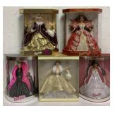 5 Holiday Barbies in boxes