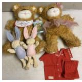 4 stuffed animals and outfit