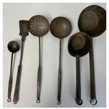 tin ladles, hand wrought spatula, strainer+ ladles