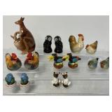 8 sets of S&P shakers; chickens, owls, cats, birds