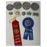 York Fair ribbons, pins, and large souvenir coins