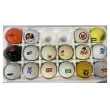 16 golf balls, mostly trucking advertising