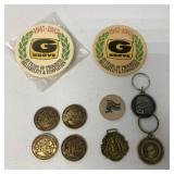 show coins, watch fob, adv. coasters + keychains