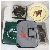 trucking adv. tray, clock, seat pad, license plate