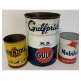 Pennzoil, Gulfpride and Mobiloil empty cans