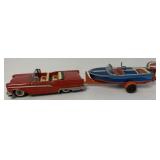 Haji tin friction Ford w/ wind-up boat on trailer