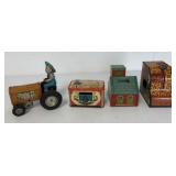 3 tin banks and friction drive tractor