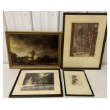 four pieces of framed art