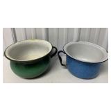 Lot of 2 Green and Blue Enamel Chamber Pots