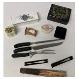 carving set, fans, trinket boxes, jewelry box, etc