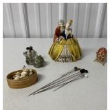 Goebel figurine, trinket box, hat pins, porcelain
