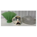 Jadite vase, Muggsy mug and covered dish