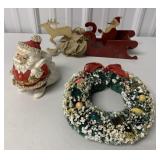 Santa bank, Christmas wreath & folk-art Santa in