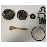 cookie cutters, pie crimper & small enamel plate
