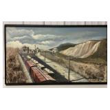 J. Foust framed oil on canvas rail cars at mine