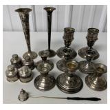 Sterling & sterling weighted candle sticks + vases