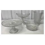 (4) Cut Glass pcs-Pitcher/Candy Dish/Cake Plate