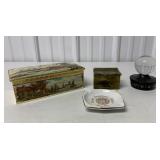 chocolate box, ashtray, brass box + paperweight