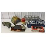 box of assorted metal + plastic train accessories
