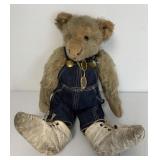Mohair teddy bear w/Lee overalls + baby shoes