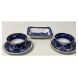 3 Flow Blue? Cup & Saucer/Shredded Wheat Dish