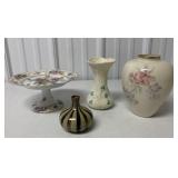 Bavarian compote; Belleek, Lenox + other vases