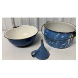 Lot of 3 Blue Enamel--Pot, Bowl, and Funnel