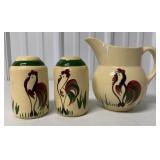 Watt Rooster pottery pitcher and S&P shakers