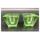 pair of green glass candle holders