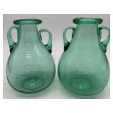 2 hand blown green glass double handle vases