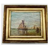 framed oil on canvas of boats on water
