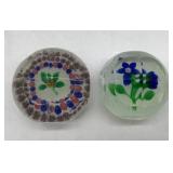 2 multifaceted floral & latticino glass paperweigh
