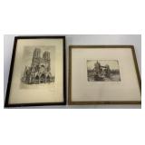 signed Reims Cathedral etching and Allen Ray
