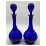 2 hand blown swirl quilt pattern cobalt decanters