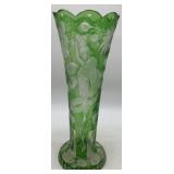 Green Cut to Clear Vase with woman figure