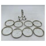 8 sterling and glass coasters w/caddy