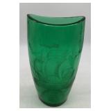 green glass vase etched with sailing ship