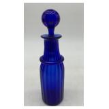 blue hand blown toilet bottle and stopper