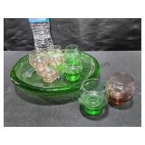 Green Glass Tray & Shot Glasses