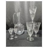 Vintage Etched Glass Decanter & Glasses