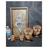 Framed Owl Painted Slate & VTG Owls