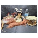 Porcelain Indian Doll, Drum, Headdress
